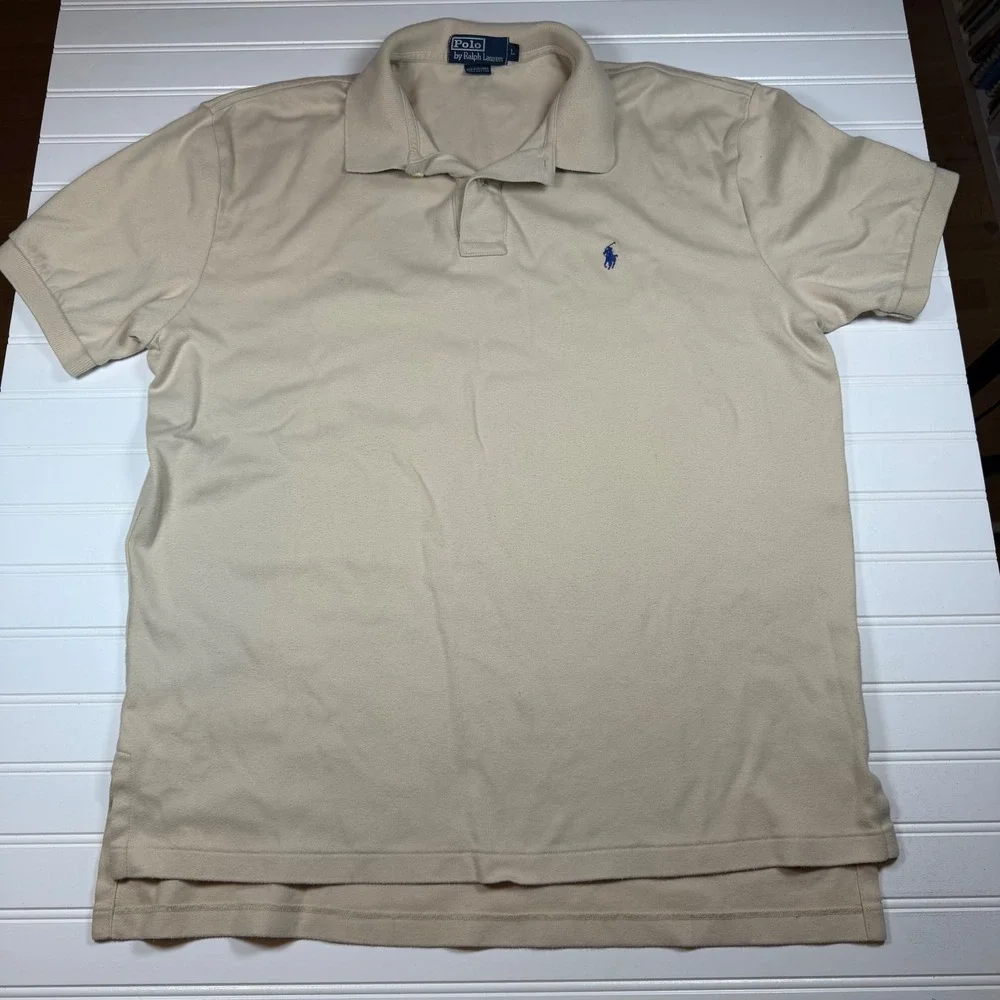Polo Ralph Lauren Mens Large Tan Beige Short Sleeve Cotton Polo Shirt Blue Pony